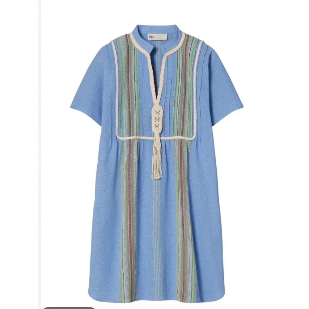 Tory Burch Blue Striped Cotton Tunic Dress XL Pintuck Tassel Short Sleeve Boho - Picture 1 of 8